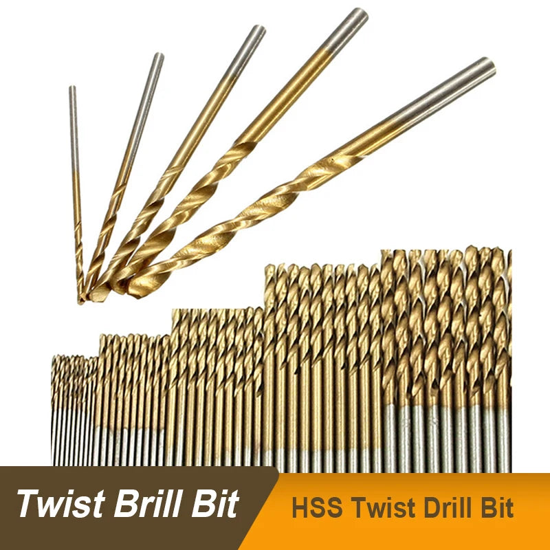 50 Pcs/set Titanium Coated Twist Drill Bit High Speed Steel Hole Opener Woodworking Metal Plastic Tools Electric Drill