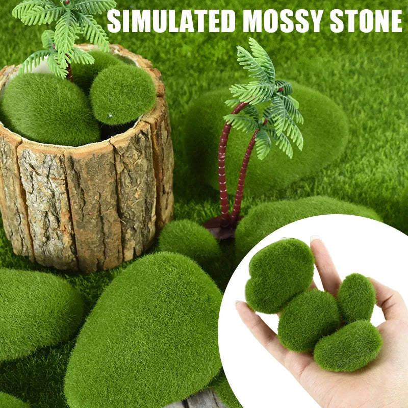 10Pcs Artificial Rocks with Moss Green Fake Moss Pebbles Stone for Patio Aisle Gardens Floral Arrangements Decorations