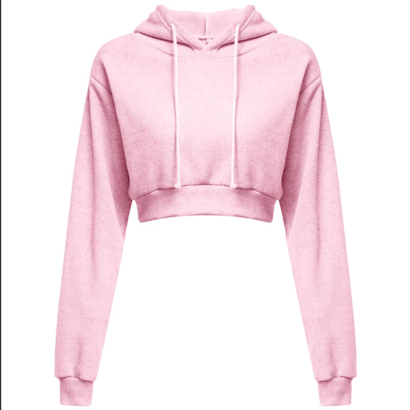 Sporty pullover Long sleeve casual open navel solid hooded Sweatshirt short top Hoodie sweater