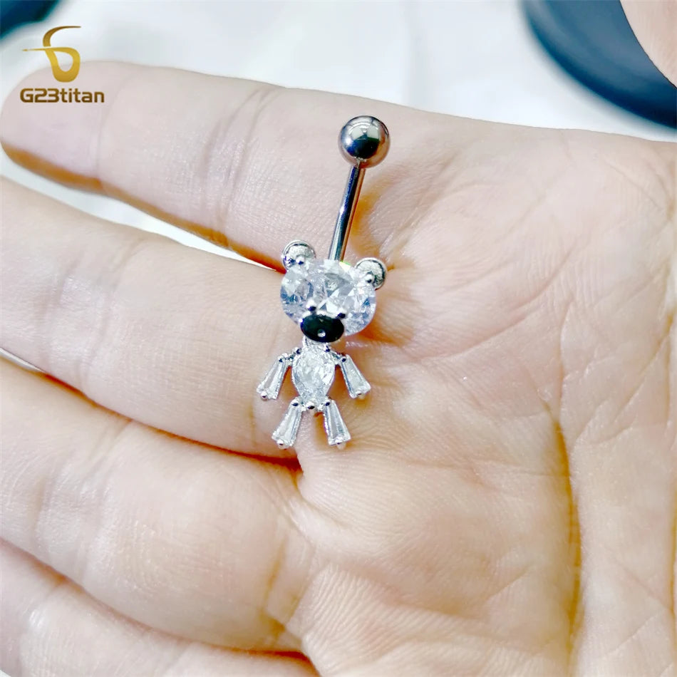 G23titan Bright Silver Color Zircon Bear Belly Piercing Ring 14G Titanium Navel Bar Body Jewelry Women Beach Vacation Accesories