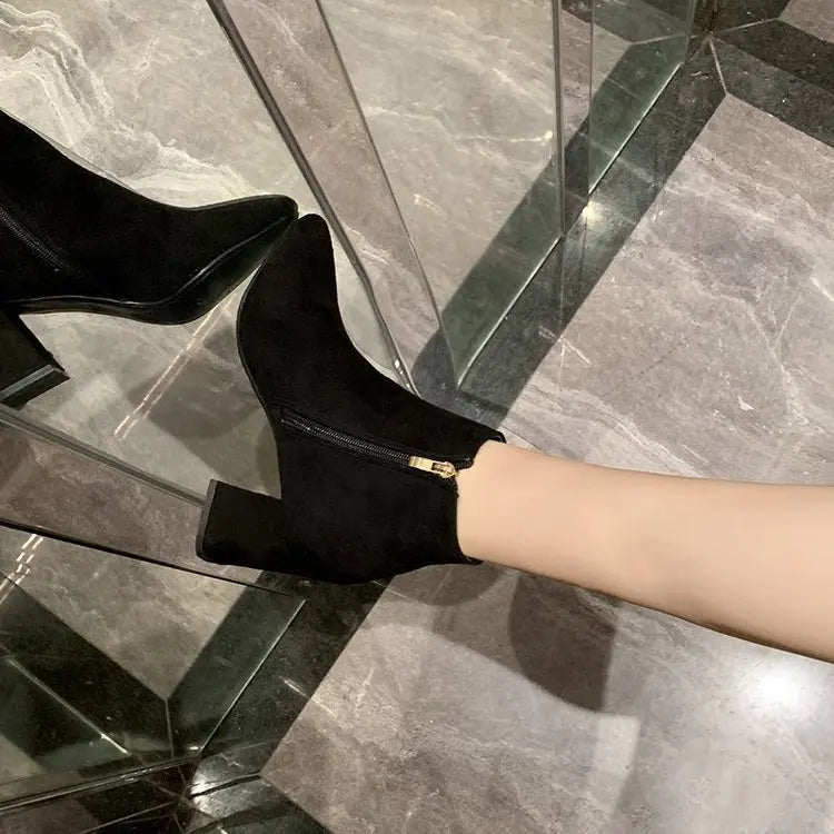 Women Ankle Boots Black Leather Fashion Ankle Boots Women Mid-heel Pointed Ladies Booties High Heel Short Wedding Boots