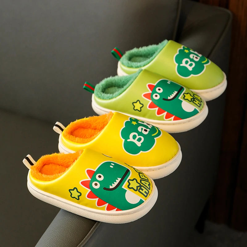 New Winter Waterproof Flip Flops Cotton Slippers Children's Cartoon Dinosaur Non-slip Soft Kids Boys Girls Warm Plush Home Shoes