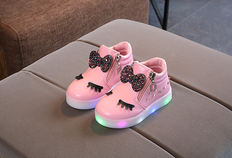 Children Glowing Sneakers Kid Princess Bow for Girls LED Shoes Cute Baby Sneakers with Light Shoes Size 21-30