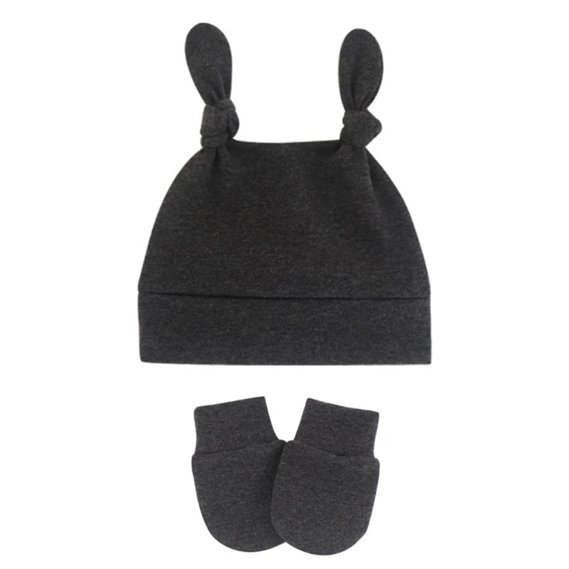 N80C Newborn Hospital Hat Mittens Baby Beanie Solid Infant Baby with Ears Gloves