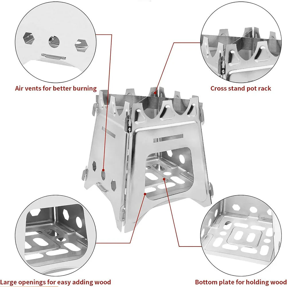 Portable Camping Wood Stove with Stainless Steel Folding Lightweight Firewood Stove For Outdoor Hiking Traveling BBQ Picnic