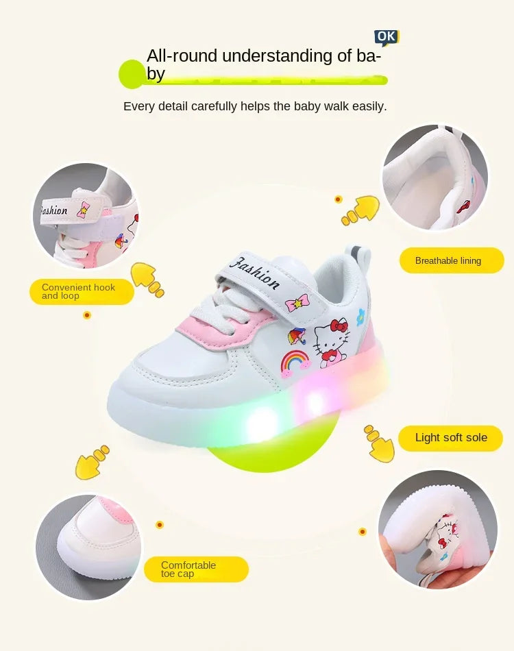 Sanrio LED Kids Shoes for Girls Cute Cartoon Hello Kitty Shoes Summer Girl Kawaii Shoes Soft Bottom Sneakers Casual Shoes