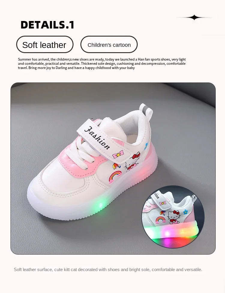 Sanrio LED Kids Shoes for Girls Cute Cartoon Hello Kitty Shoes Summer Girl Kawaii Shoes Soft Bottom Sneakers Casual Shoes