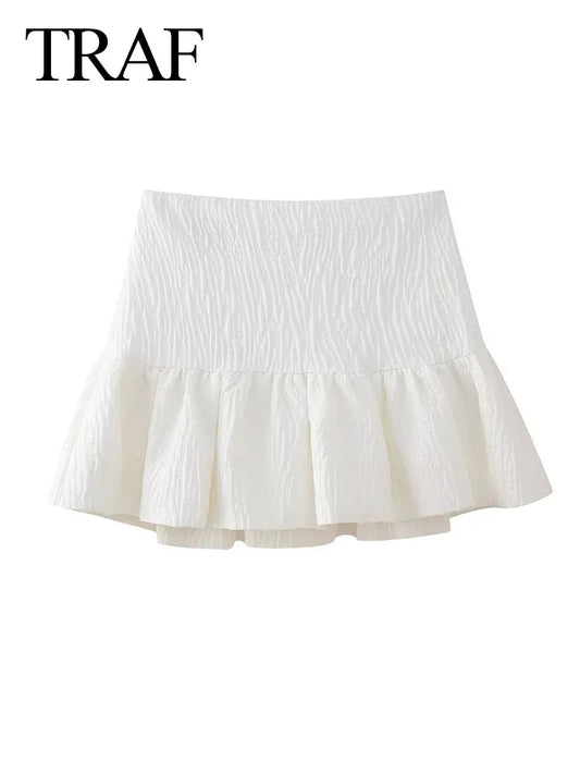 TRAF 2024 Woman's Spring Fashion Chic Short Skirts White High Waist Folds Decorate Zipper Mini Skirts Female Pleated Skirts