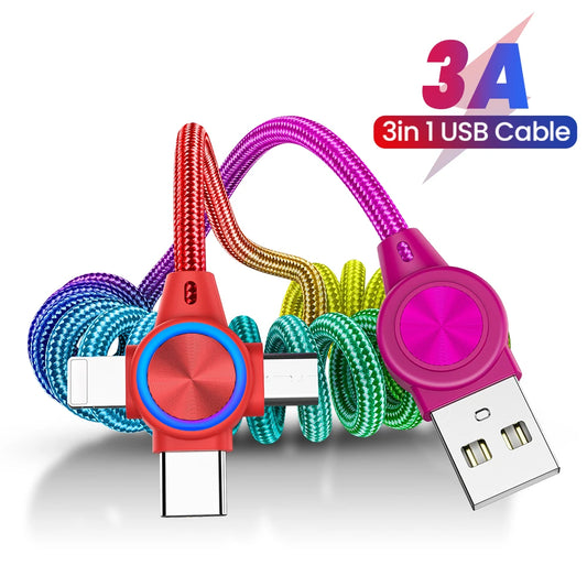 3 in 1 Rainbow Spring Car Phone Charge Cable For iPhone 14 13 12 11 Pro Max Fast Charging Micro USB Type C Charger Data Cord