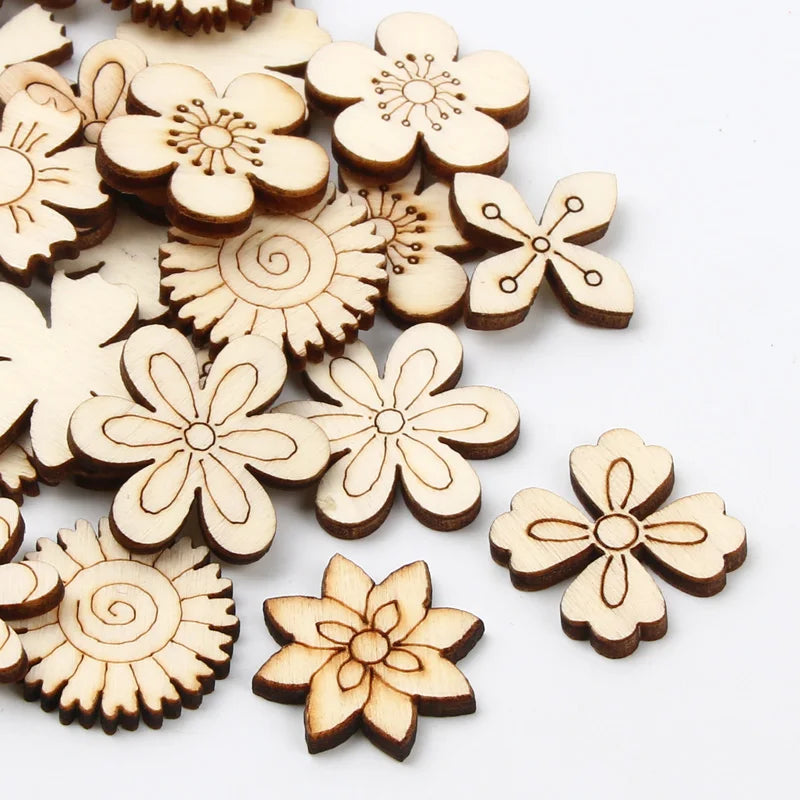 50Pcs 20/25mm Mixed Flower Wood Slice Scrapbooking Wooden Crafts For Embellishment Handmade Accessories DIY Home Decoration