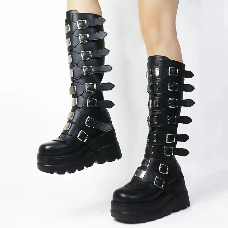 Long Boots Women Gothic Shoes Platform Knee High Boots Punk Black Sexy Motorcycles Boots 2024 New Halloween Cosplay Women Boots