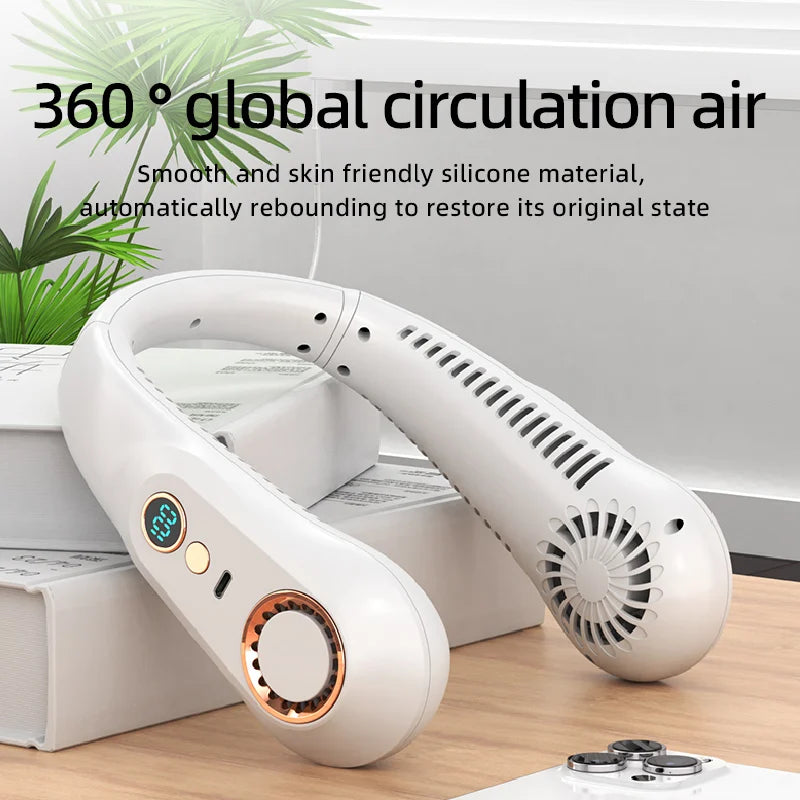 New Summer Portable Mini Hanging Neck Fan Bladeless Neckband Fan Digital Display Power Air Cooler USB Rechargeable Electric Fans