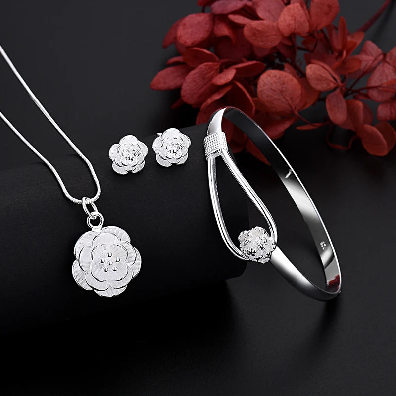 Fine 925 Sterling Silver Charm Flower Necklace Earring Bangle Jewelry for Women Retro Set Wedding Gift TRENDY Lovely