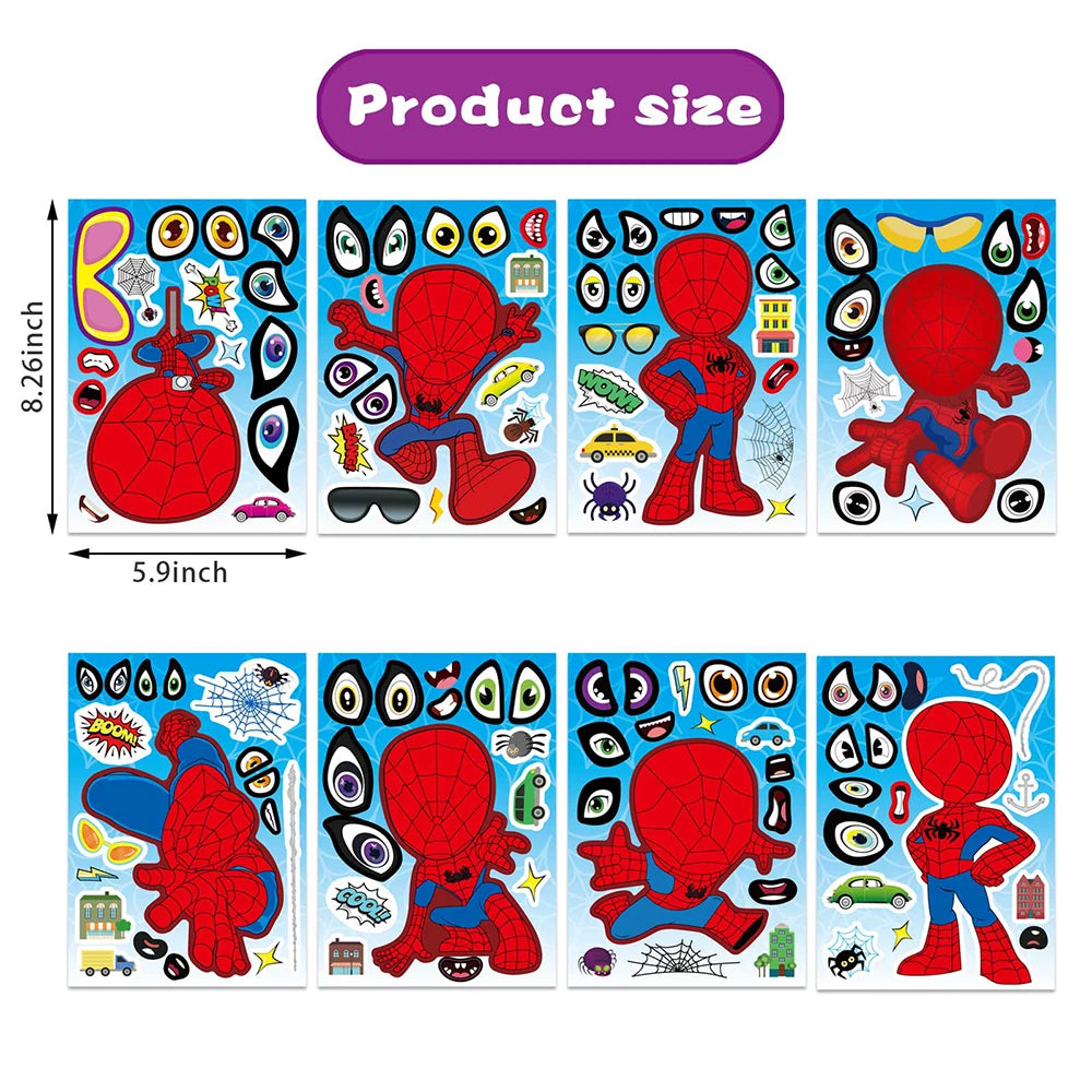 8/16Sheets Spider Man Puzzle Stickers For Boys Make-a-Face Toy Disney Marvel Kids Game Assemble Jigsaw Children Party Decoration