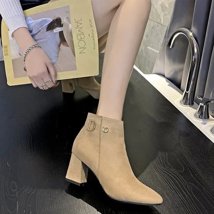 Women Ankle Boots Black Leather Fashion Ankle Boots Women Mid-heel Pointed Ladies Booties High Heel Short Wedding Boots