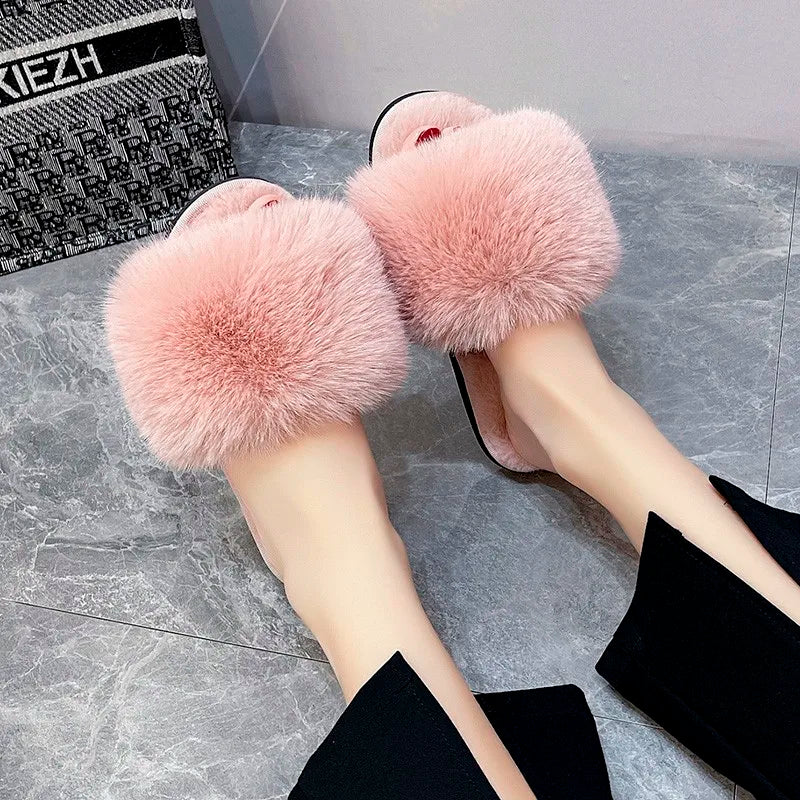 Winter Fur Slippers Home Women Indoor Furry Soft Fluffy Plush Platform Flat Cotton Slippers Luxury Designer Slides House Shoes