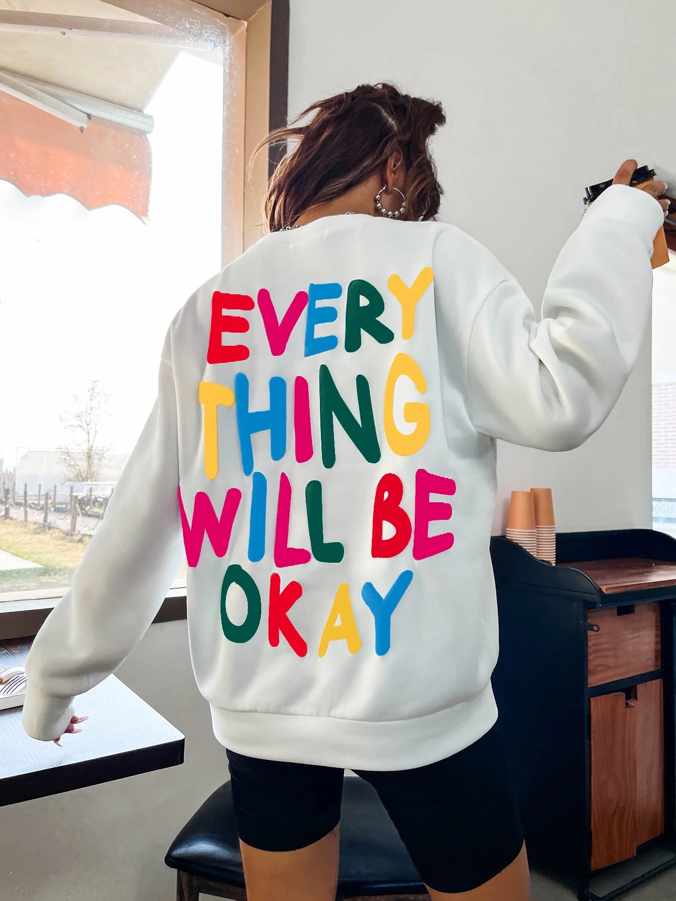 Fashion Womans Sweatshirt Everything Will Be Okay Letter Printed Pullover Loose Warm Crewneck Hoodies Casual Female Clothing