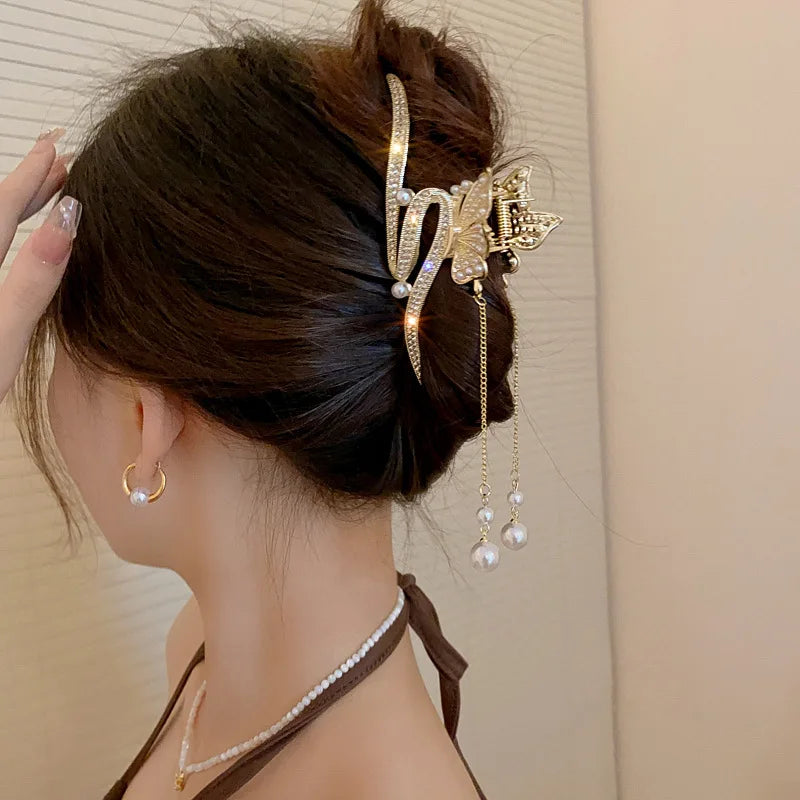 Fashion Butterfly Pearl Rhinestones Tassel Hair Claw Metal Shark Clip Ponytail Claw Clip Hairpin Women Girl Hair Accessories