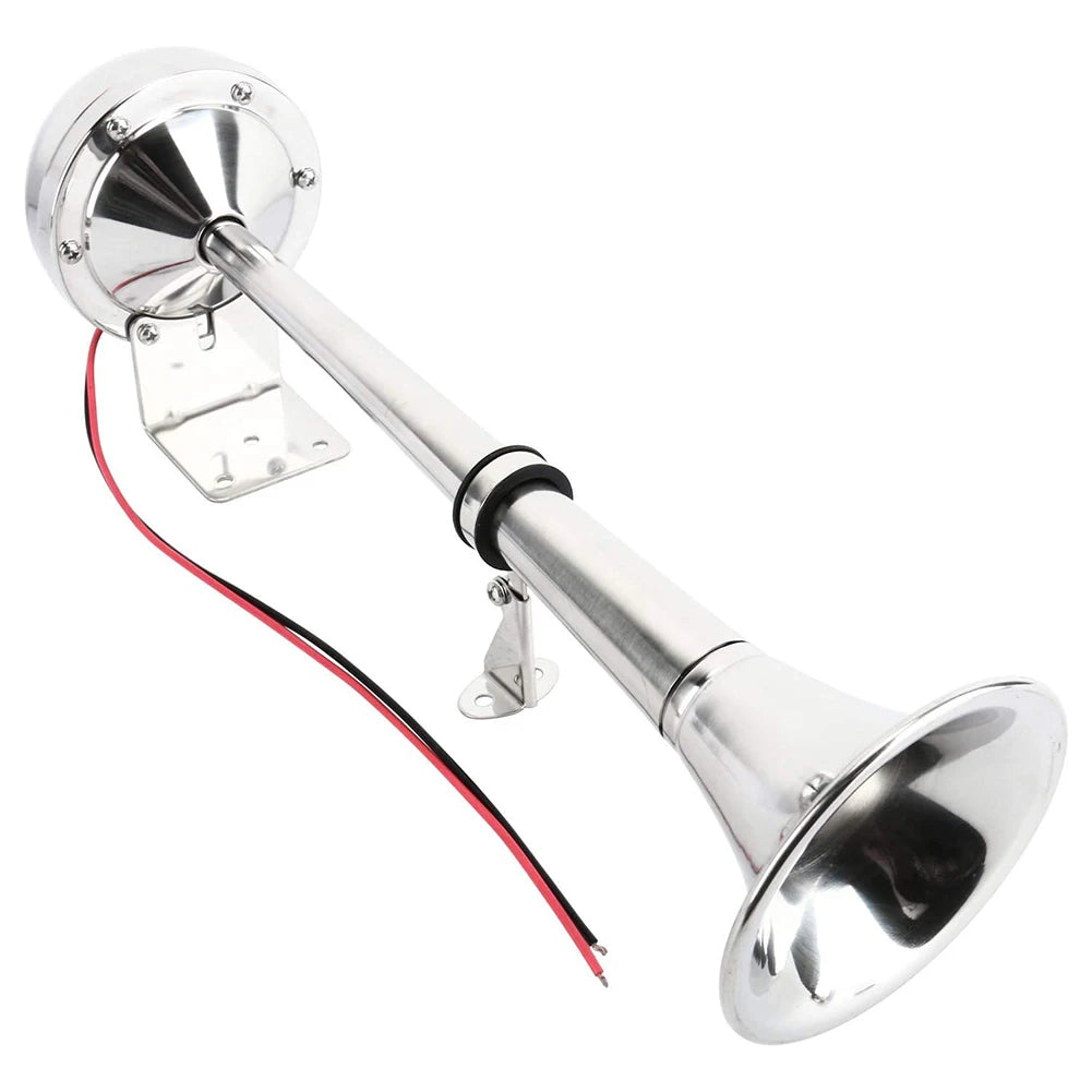 12V Polished Stainless Steel Single Trumpet Horn Low Tone Single Car Trumpet Air Horn Compressor Speaker for Marine Boat Truck