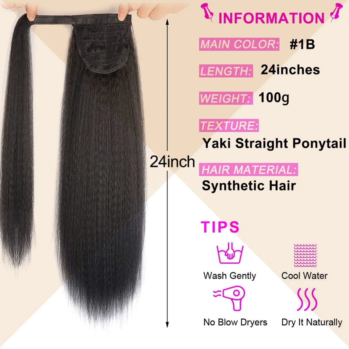 Synthetic Long Kinky Straight Ponytail Extension for Black Women Yaki Wrap Arpund Hair 24 Inch Clip in Magic Paste Black Tail