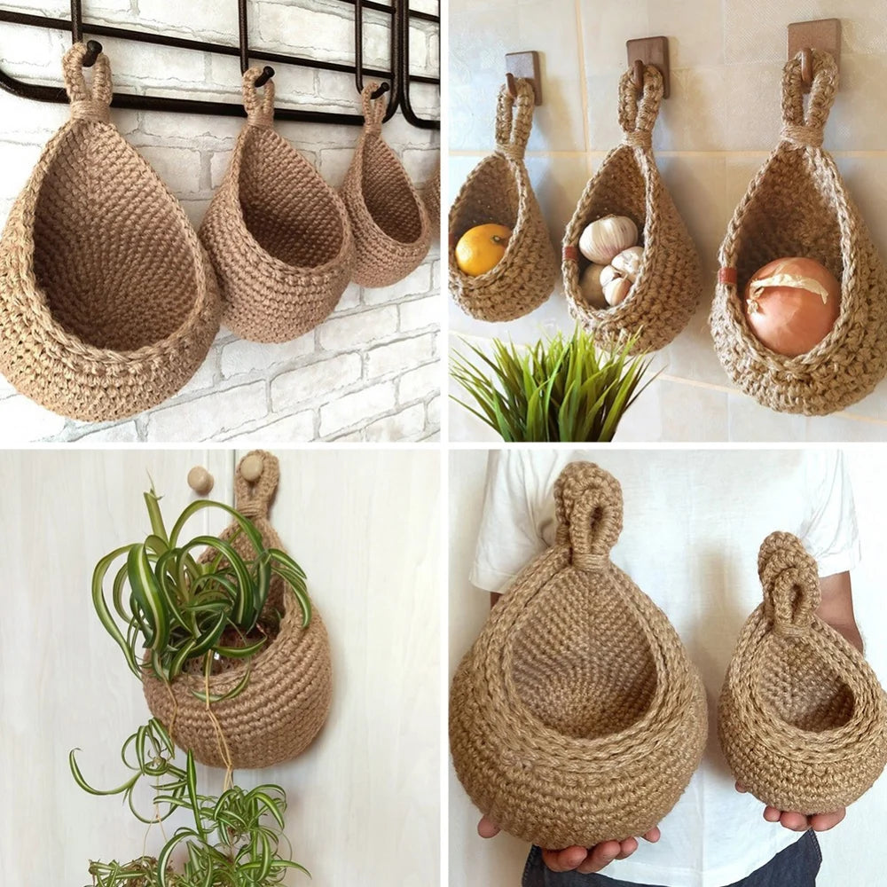 Handwoven Wall Hanging Vegetable Fruit Basket Container Decor for Kitchen Garden Mount Wall Plant Flower Storage Basket