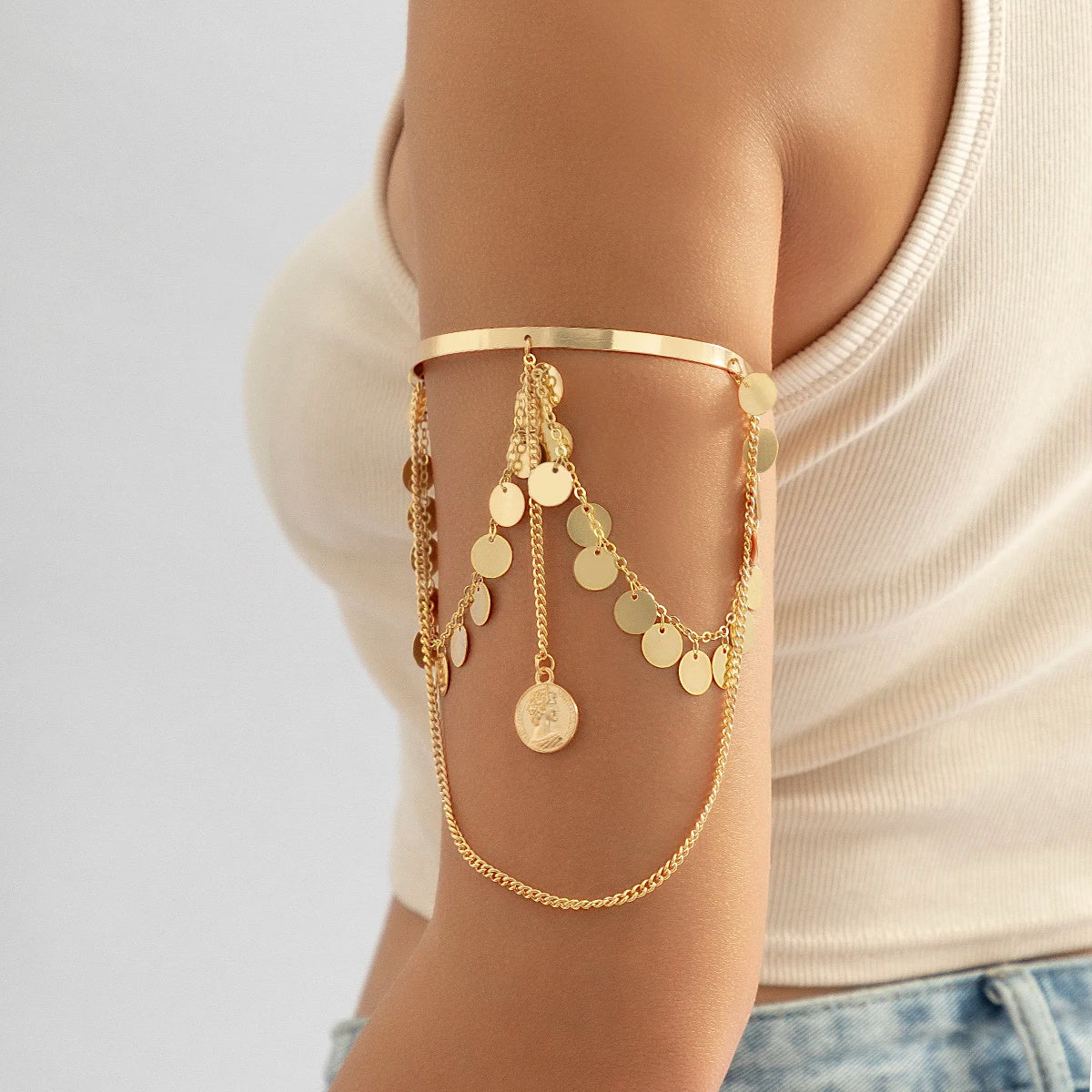 PuRui Bohemian Copper Sequins Charm Upper Arm Bracelet Human Head Pendant Tassel  Arm Cuff Bangle Bracelets For Women Jewelry