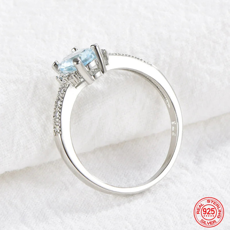 925 Sterling Silver Charm Aquamarine Ring For Women Fashion Wedding Jewelry Engagement Party Gift