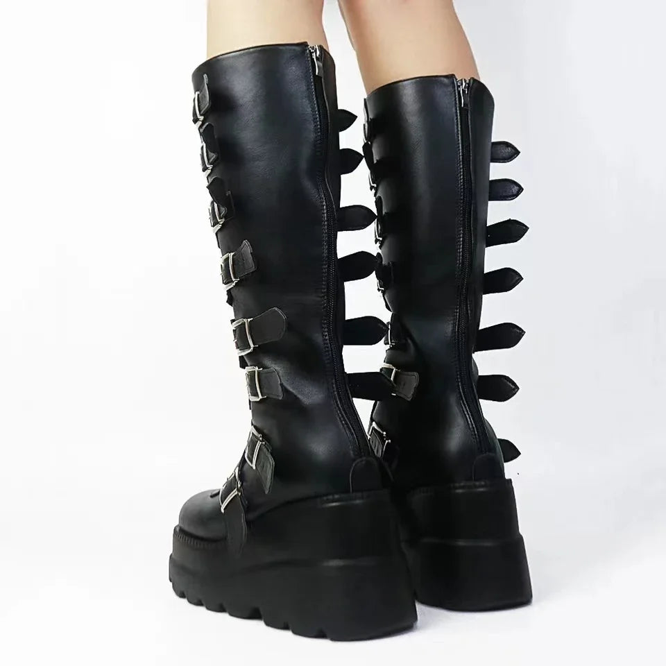 Long Boots Women Gothic Shoes Platform Knee High Boots Punk Black Sexy Motorcycles Boots 2024 New Halloween Cosplay Women Boots