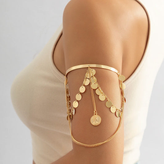 PuRui Bohemian Copper Sequins Charm Upper Arm Bracelet Human Head Pendant Tassel  Arm Cuff Bangle Bracelets For Women Jewelry