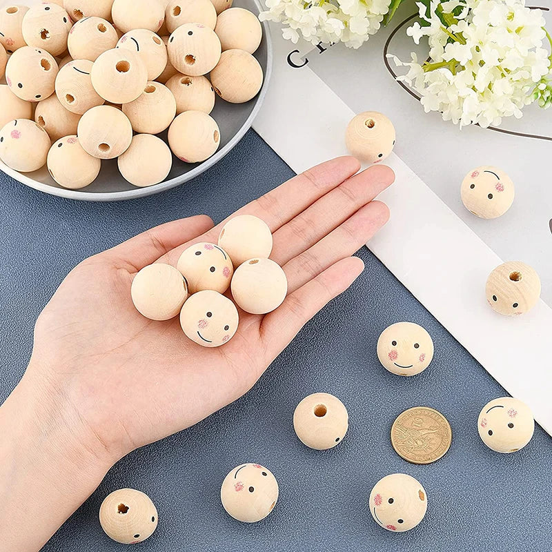 5-50pcs Natural Smile Face Ball Wood Beads Wooden Doll Loose Beads for DIY Craft Jewelry Bracelet Necklace Making Spacer Beads