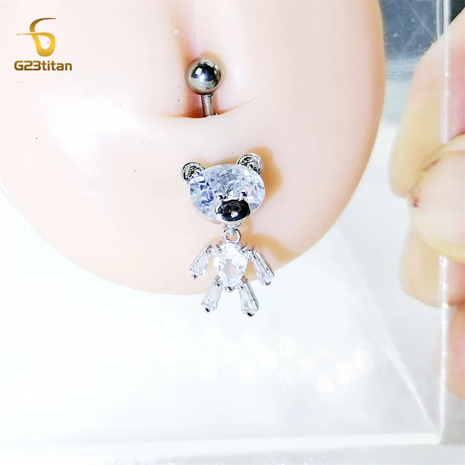 G23titan Bright Silver Color Zircon Bear Belly Piercing Ring 14G Titanium Navel Bar Body Jewelry Women Beach Vacation Accesories