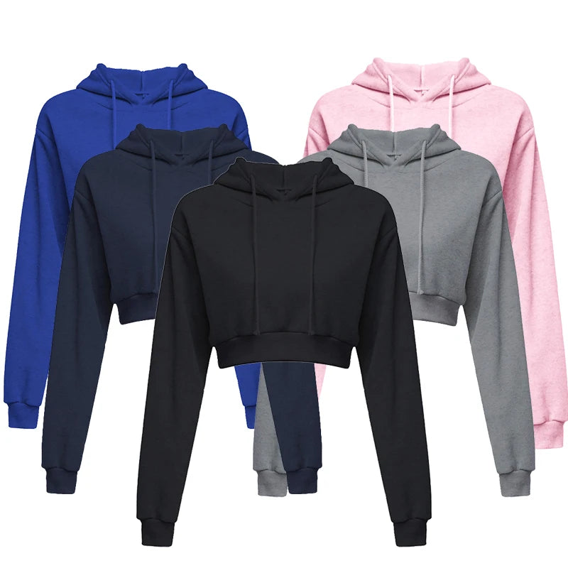 Sporty pullover Long sleeve casual open navel solid hooded Sweatshirt short top Hoodie sweater