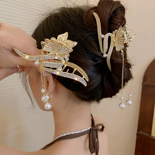 Fashion Butterfly Pearl Rhinestones Tassel Hair Claw Metal Shark Clip Ponytail Claw Clip Hairpin Women Girl Hair Accessories