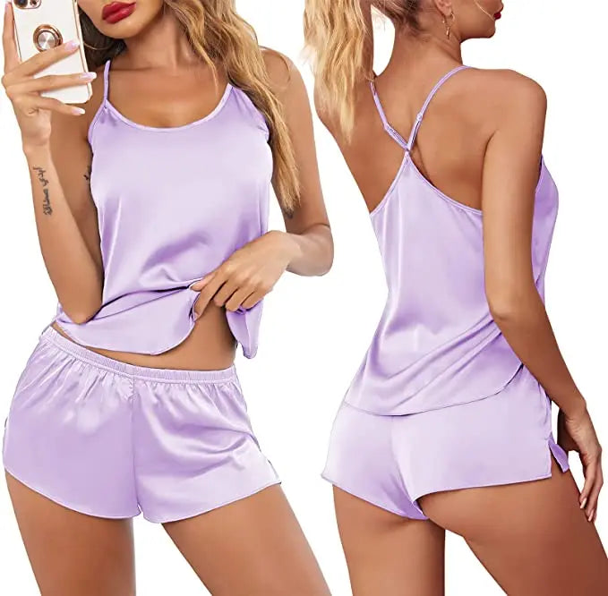 Women's Sleepwear Sexy Lace Satin Pajama Sets Nightwear Sleeveless Tops+Shorts 2 Pcs Sets Pyjama Sets For Women Pijama