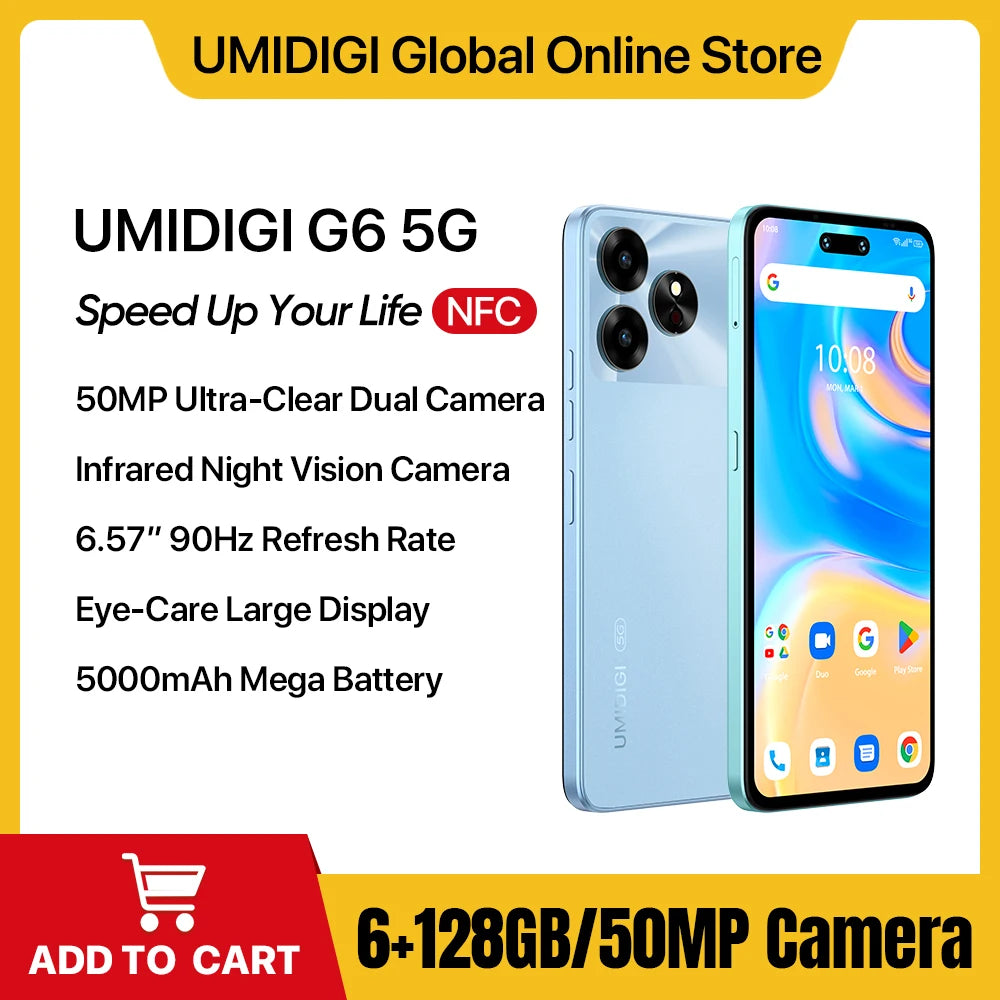 World Premiere UMIDIGI-G6 5G Smartphone Android 13 NFC Dimensity 6100 + 50MP 6GB 128GB 5000mAh 6.57 " 90Hz Cell Phone