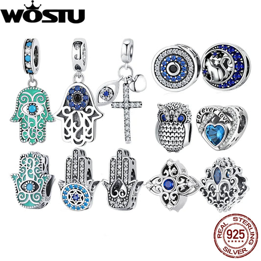 WOSTU 925 Sterling Silver Evil Eyes Charms Fatima Hand Hamsa Pendants For Women Vintage Heart Beads Fit DIY Bracelets Necklace