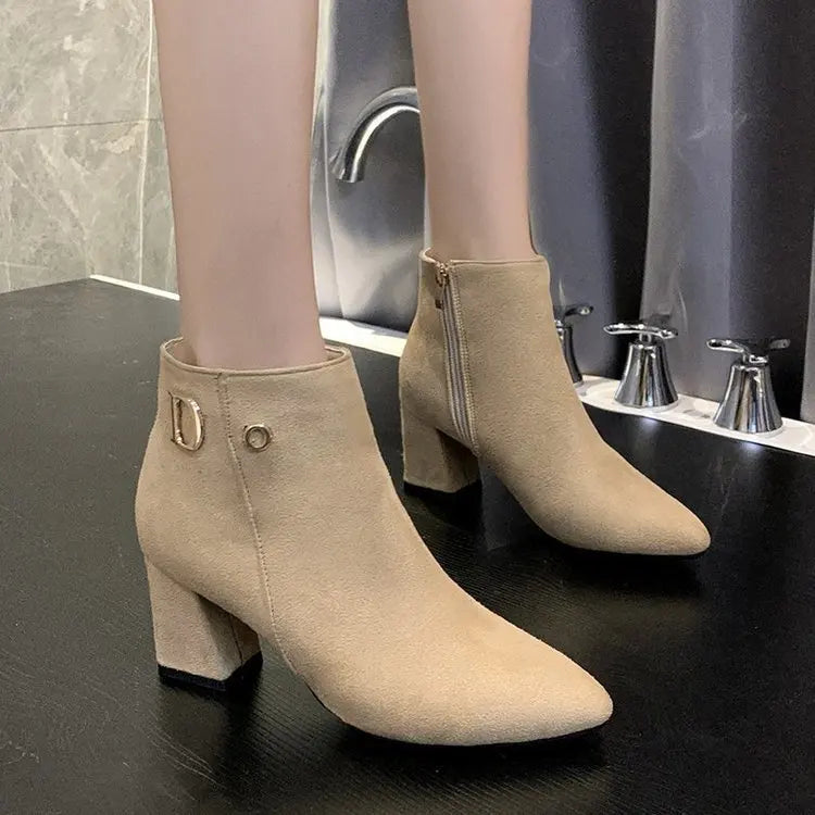 Women Ankle Boots Black Leather Fashion Ankle Boots Women Mid-heel Pointed Ladies Booties High Heel Short Wedding Boots