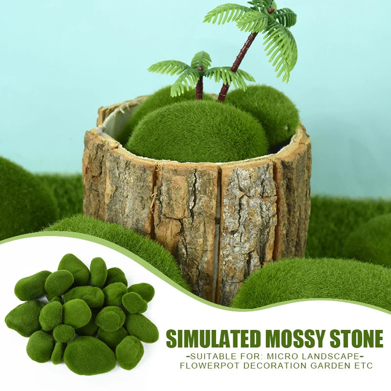 10Pcs Artificial Rocks with Moss Green Fake Moss Pebbles Stone for Patio Aisle Gardens Floral Arrangements Decorations