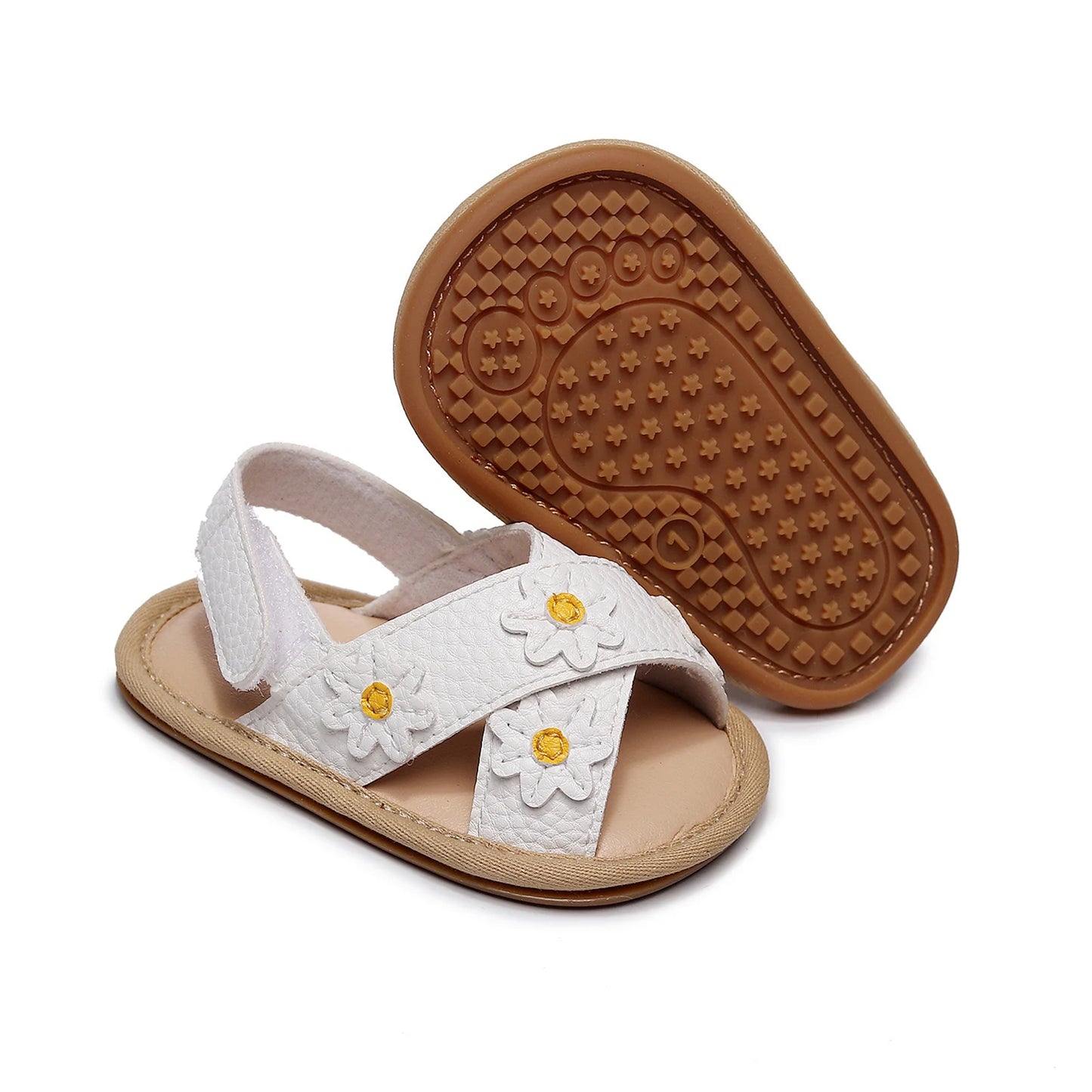 Baby Girls Anti-slip Flat Shoes, Floral Applique Pattern Soft Sole Sandals, White/ Golden/ Pink