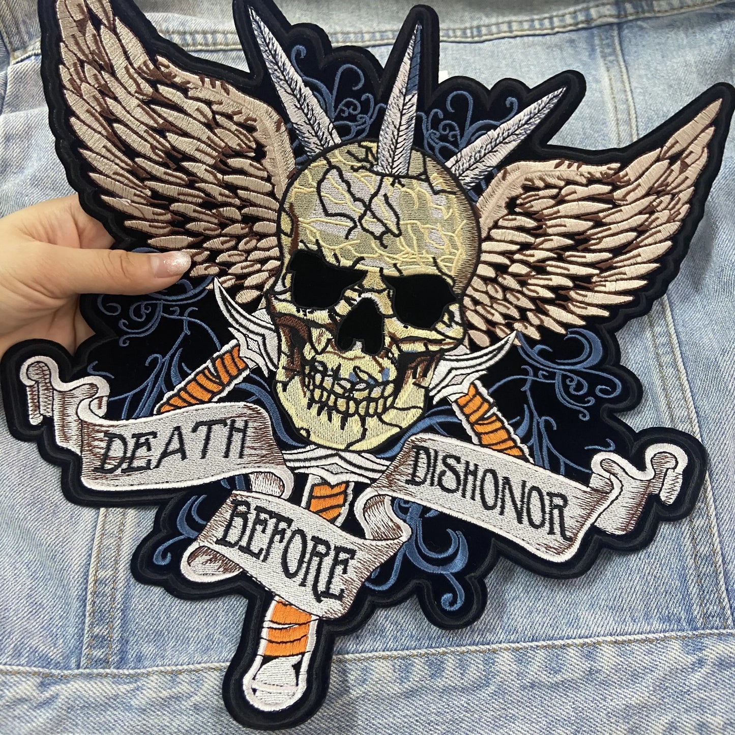 Skull Motorcycle Biker Patch Large Embroidery Patch Iron On Patches For Clothing Back Embroidered Patches On Clothes Jackets DIY