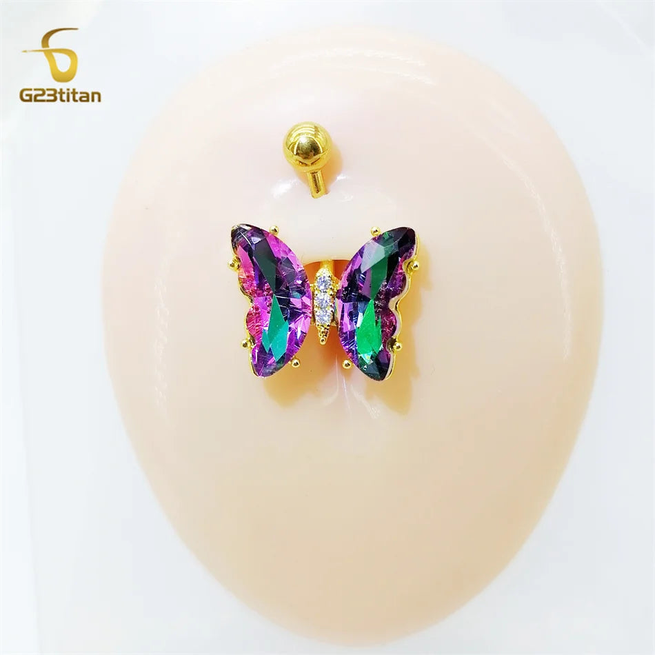 G23titan Colorful Zircon Butterfly Belly Button Ring Hypoallergenic Surgical Steel or Titanium Navel Barbell Umbilical Piercing