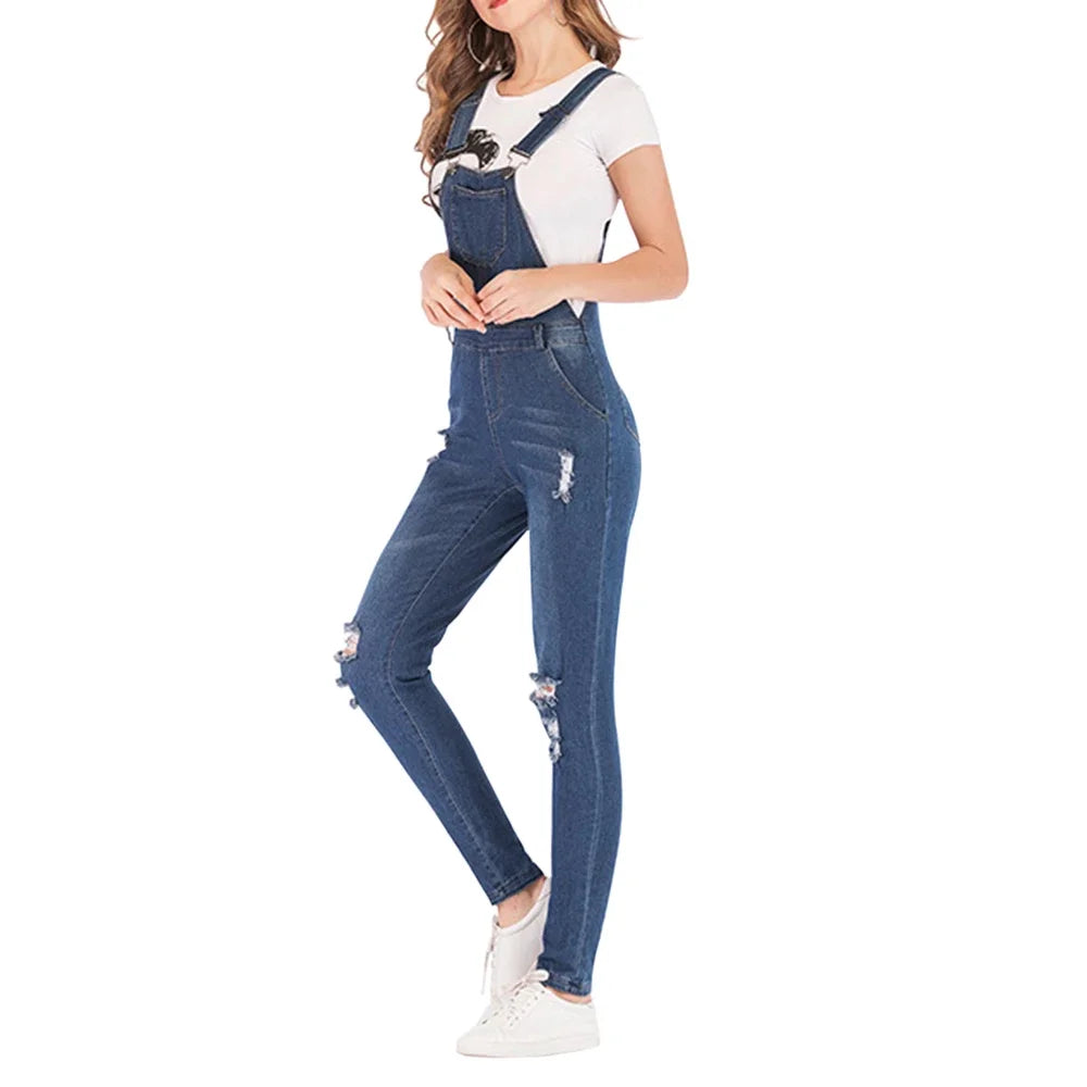 Blue Denim Overalls Jumpsuit Rompers Women Belted Hole Hollow Out E-girl Casual Work Pants Hot Y2k Jeans Long Pants Streetwear