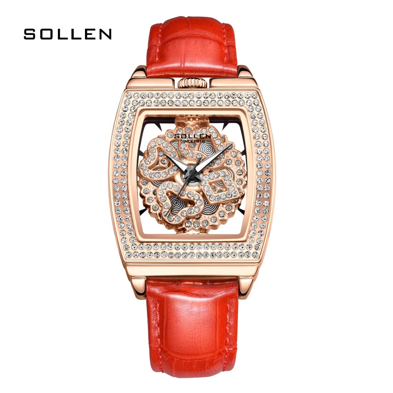 New Switzerland SOLLEN Luxury Brand Japan ESPON Quartz Woman's Watches Fashion Diamond Dual Skeleton Waterproof Lady Clock SL433