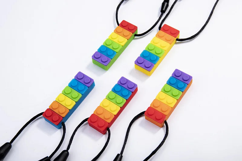 1PC Rainbow Brick Chew Necklace Baby Silicone Teether Autism Sensory Chewy Toys