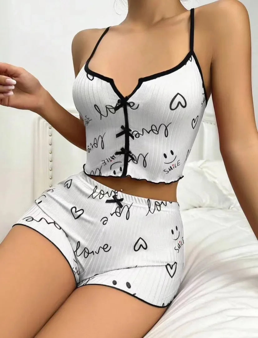 Heart Printed Silk Stain V-Neck Sleeveless Casual Cami Top and Shorts Sets Women Sexy Sleepwear Pajamas Set Home Suit Loungewear