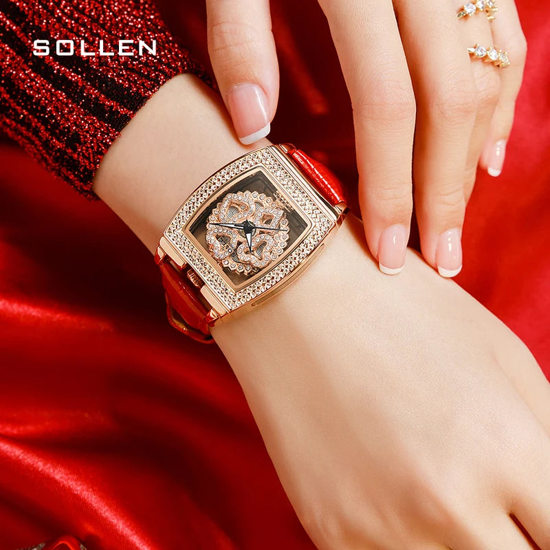 New Switzerland SOLLEN Luxury Brand Japan ESPON Quartz Woman's Watches Fashion Diamond Dual Skeleton Waterproof Lady Clock SL433