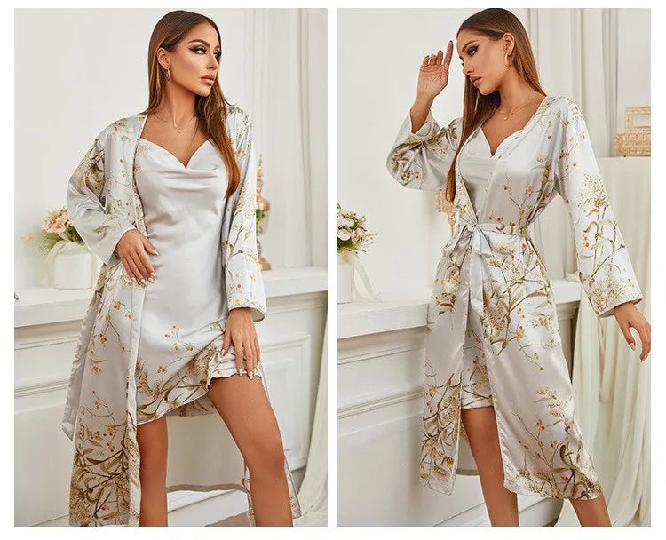 Four Pieces Pajamas Set Printed Little Cherry Sleepwear Women Satin Nightgown With Suspender Sling&Shorts Summer Home Clothes