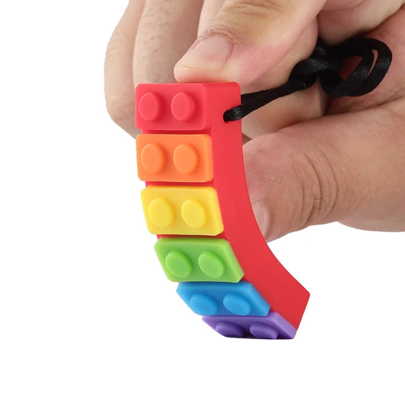 1PC Rainbow Brick Chew Necklace Baby Silicone Teether Autism Sensory Chewy Toys