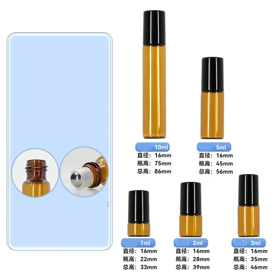 5PC Amber Roller Ball Essential Glass Oil Bottle Empty Perfume Roller Ball Refillable Liquid Container 1/2/3/5/10ML Makeup Tools