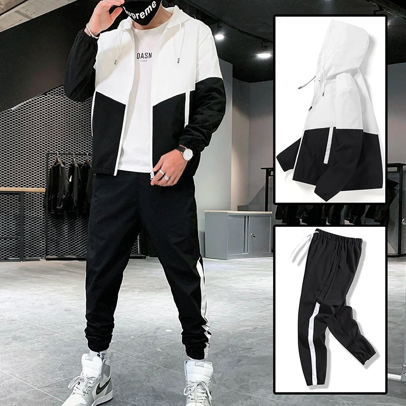 Patchwork Hip Hop Casual Men's Sets  Korean Style 2 Piece Sets Clothes Men Streetwear Fitness Male Tracksuit